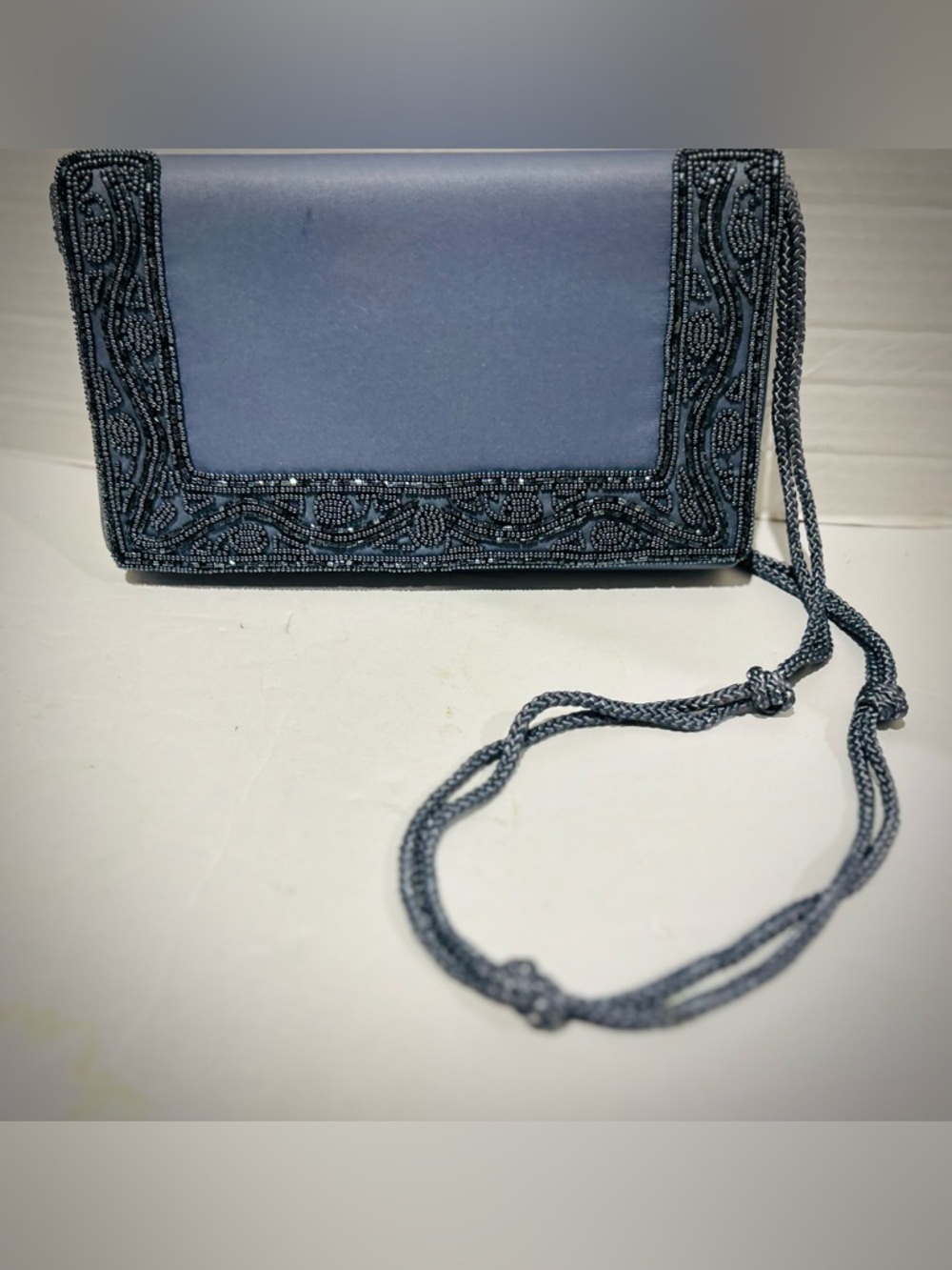 Vintage Walborg Hand Beaded Evening Purse Clutch Icy Blue Satin Prom Wedding